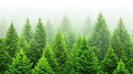 Fototapeta premium Lush evergreen forest with dense fog covering pine trees in a serene natural setting