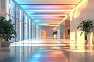 A minimalist indoor atrium with smooth walls and colorful mood lighting