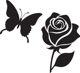 rose and butterfly silhouette, black and white silhouette, vector and illustration