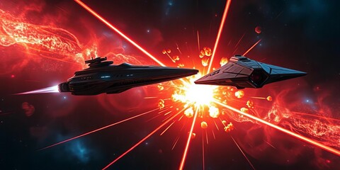 Naklejka premium Starships clash, lasers crisscross, explosions illuminate nebula, beam, galaxy