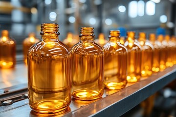 Bottling process of amber glass vials manufacturing facility industrial production factory view