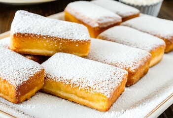 A white plate topped with squares of cake covered in powdered sugar.