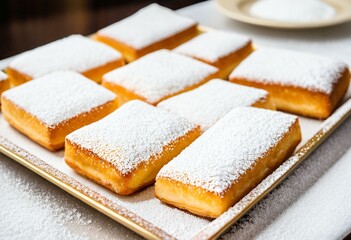 A white plate topped with squares of cake covered in powdered sugar.