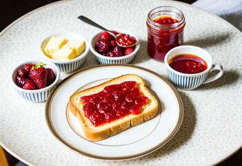 A white plate topped with slices of bread covered in strawberry jam.