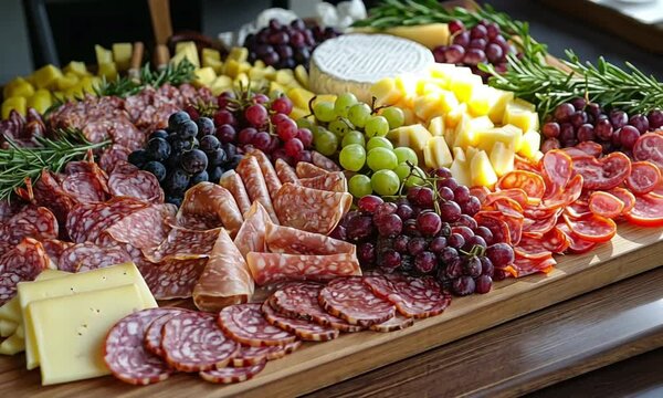 A vibrant charcuterie platter featuring an array of cheeses and meats.