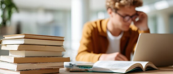 Focused student studying with books and a laptop in a library or study area.
