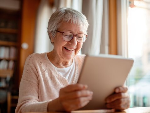 Smiling elderly woman using a digital tablet by the window, representing active aging, connection, and tech engagement.

