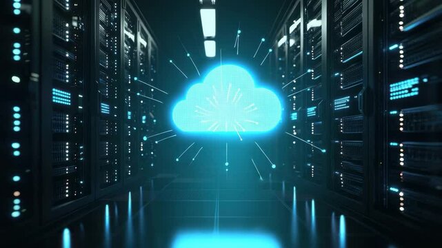 Glowing backup cloud icon appearing in a secure server storage area.