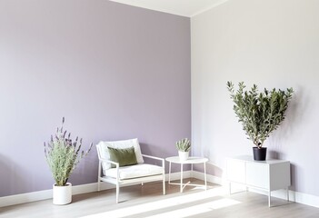 A white chair sitting next to a white table with two potted plants.