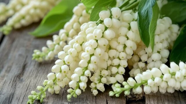 Close-up of delicate zenobia flowers showcasing their pristine white blossoms and lush green leaves, resting on a weathered wooden surface