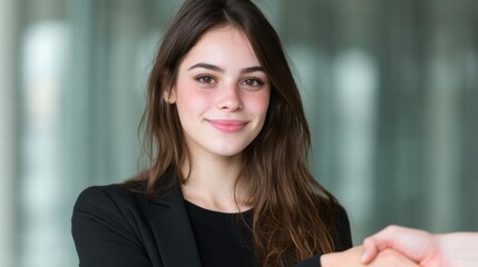 Fototapeta premium Professional Woman Engaging in Networking with Confident Smile in a Modern Business Environment