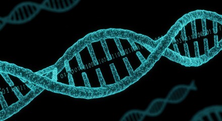 Double helix dna strands on a black background represent genetics and biology.