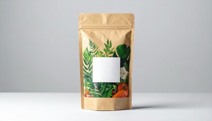 A rustic bag of freshly roasted coffee beans, adorned with an elegant label showcasing the brand name and flavor profile, sits invitingly on a wooden table.