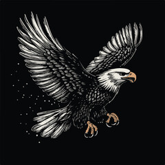 Majestic Bald Eagle Spreading Wings Vector Illustration On Black Background Bold Design Element For Creative Projects