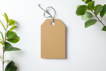 Blank kraft paper tag,  surrounded by greenery