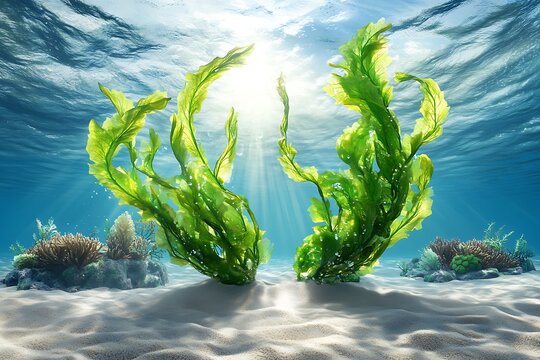 Vibrant green seaweed undercurrent coral reef photorealistic image underwater sunlit viewpoint