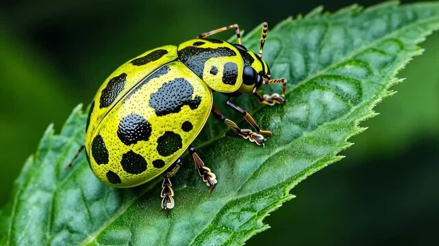 Close-up of a vibrant fourteen-spotted lady beetle exploring a green leaf, showcasing its distinctive markings and delicate features