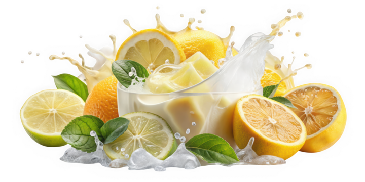 A vibrant splash of lemonade with fresh lemons and mint, capturing a refreshing summer vibe. The scene features bright yellows and greens, inviting a thirst-quenching feel.