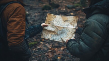 Two figures examine a weathered map in a forest.