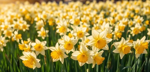 Obraz premium Sunlit field of pale yellow and white daffodils blooming in a pastel garden, countryside, blossom