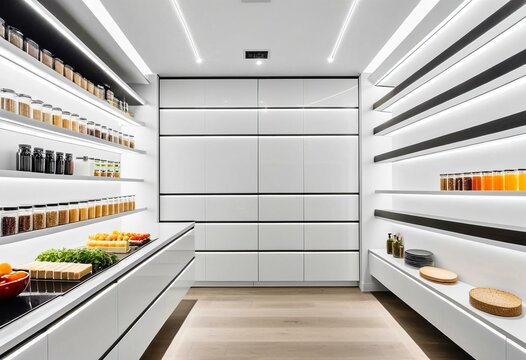 A walk in pantry with white shelves and drawers.