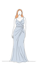 Plus-size woman in a blue evening gown posing elegantly in a minimalist line art illustration
