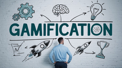 Man views gamification concept sketched on brick wall: brain, lightbulb, rockets, gears, trophy symbolizing innovation, growth, and success in business