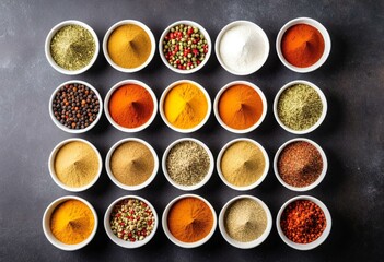 A variety of spices in small white bowls on a table.