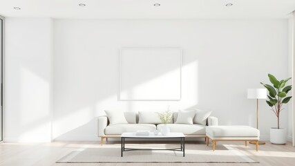 Bright Minimalist Living Room Interior Design with White Sofa and Mockup Frame