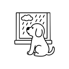 A thoughtful dog with paws on the windowsill, watching raindrops, cozy posture and peaceful vibe, simple black and white.