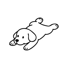 A relaxed dog lying on its back, legs sprawled, tongue hanging out while sleeping peacefully, simple and cute line drawing.