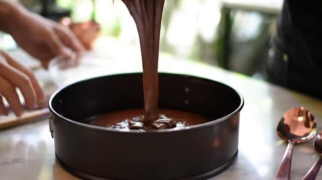 Pouring Velvety Chocolate Batter into a Springform Pan for a Decadent Dessert Creation