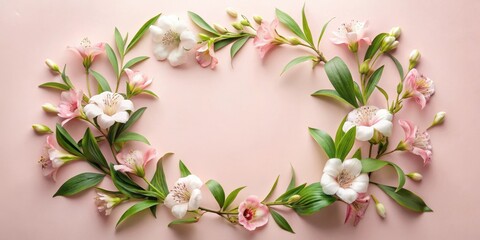 Obraz premium Delicate Pink and White Blooms Arranged in a Circular Frame on a Soft Pastel Background, Creating a Serene and Elegant Floral Design Perfect for Invitations or Announcements