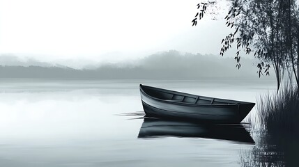 Boat at rest on still waters with misty landscape