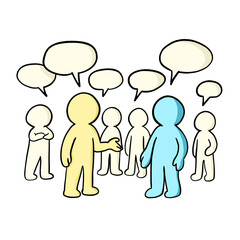 Illustration of Diverse Characters Engaging in Conversation with Speech Bubbles on a Simple Black Background
