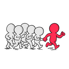 Cartoon illustration of a single red character leading a group of gray figures, symbolizing individuality, leadership, and motivation in a creative design.