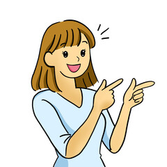 Cheerful young woman pointing with a smile, expressing joy and enthusiasm, showcasing excitement and positivity in a colorful illustration for various uses
