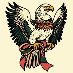 Graphic Illustration Of A Bald Eagle With Open Wings And Detailed Ornamentation On Beige Background