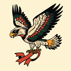 Traditional Tattoo Style Eagle Flying With Red Ribbon Artistic Vector Illustration