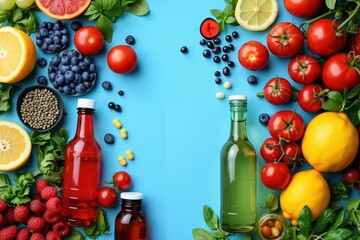 Fresh fruits, vegetables, and organic juices on vibrant blue background