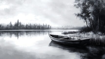 Boat on calm lake misty landscape illustration