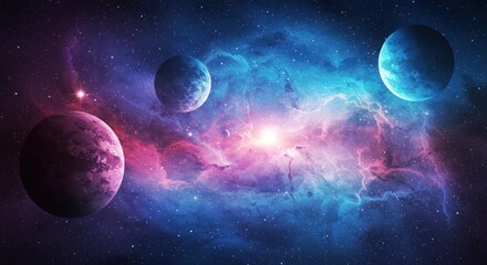 Fototapeta premium Digital art shows planets and nebula in a colorful cosmic space scene.
