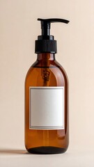 A vintage-style brown glass bottle featuring a crisp white label, elegantly showcasing intricate designs and text, set against a soft, neutral background.