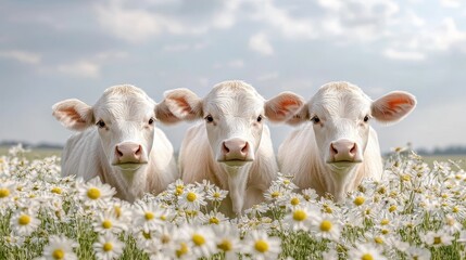 Fototapeta premium Summer field action cows among flowers on a farm capturing rural serenity