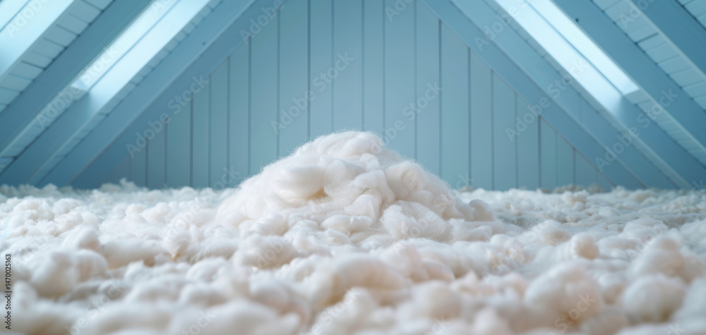 Aufkleber serene attic scene featuring soft, fluffy material scattered across floor, illuminated by natural li