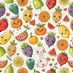 Cheeky fruits with faces in colorful playful pattern  