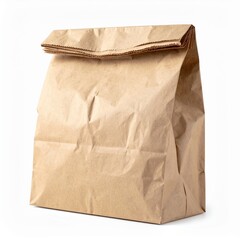 A crumpled brown paper bag rests on a clean white background, showcasing its textured surface and natural earthy tones, perfect for eco-friendly packaging.