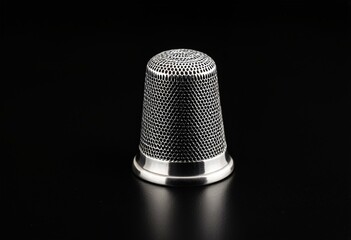A silver thimble on a black surface.