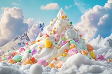 Whimsical candy mountain with colorful sweets and clouds