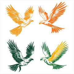 Four Graphic Eagles Facing Each Other In Flight Orange And Green Vector Illustration